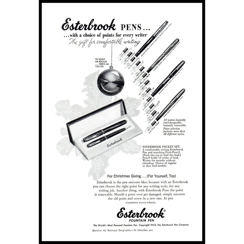 1953 Esterbrook Fountain Pen Vintage Print Ad Pens Christmas Gift Ball Wall Art
